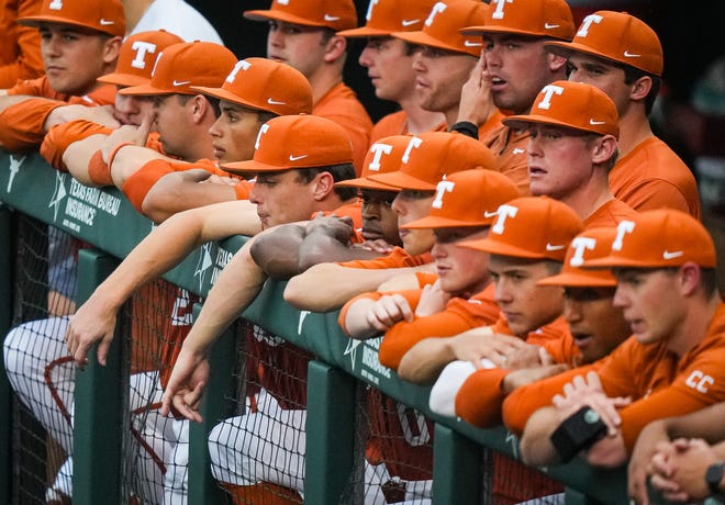 The Texas Longhorns watch the second inning of their game against the UT Arlington Mavericks at UFCU Disch-Falk Field, Tuesday, April 23, 2024. Rodriguez is acting head coach while David Pierce is suspended.